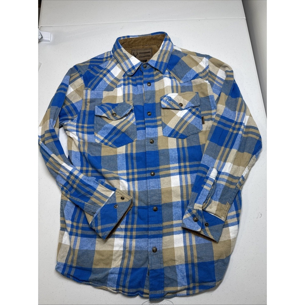 Legendary Stockyards Men Blue Tan Pearl Snap Shirt Men's Medium Corduroy Western